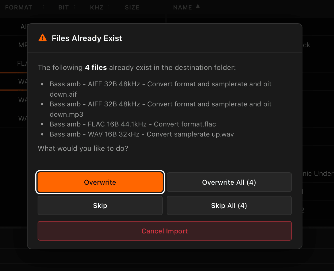 File conflict confirmation modal