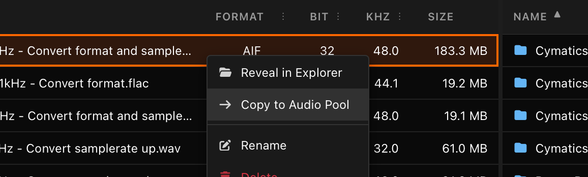 Copy selected Audio files from contextual menu