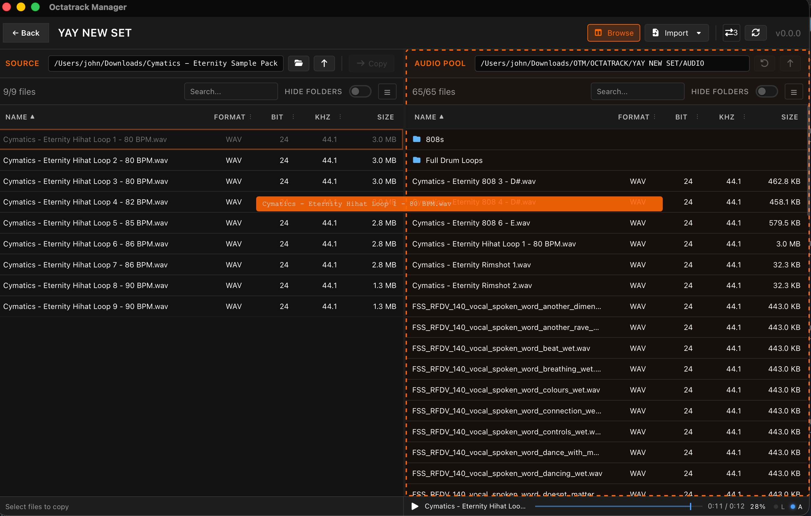 Dragging a file from the Browser pane onto the Audio Pool