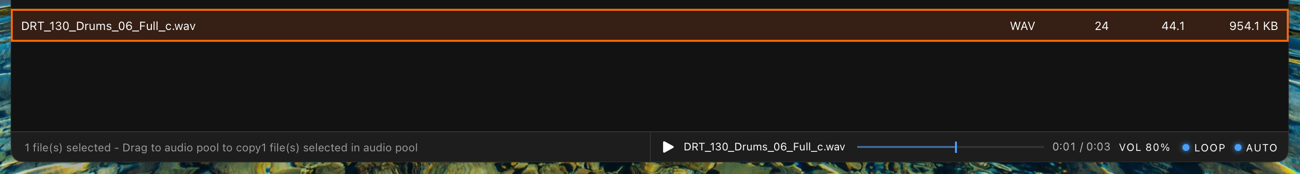 Audio player at the bottom of the Audio Pool page