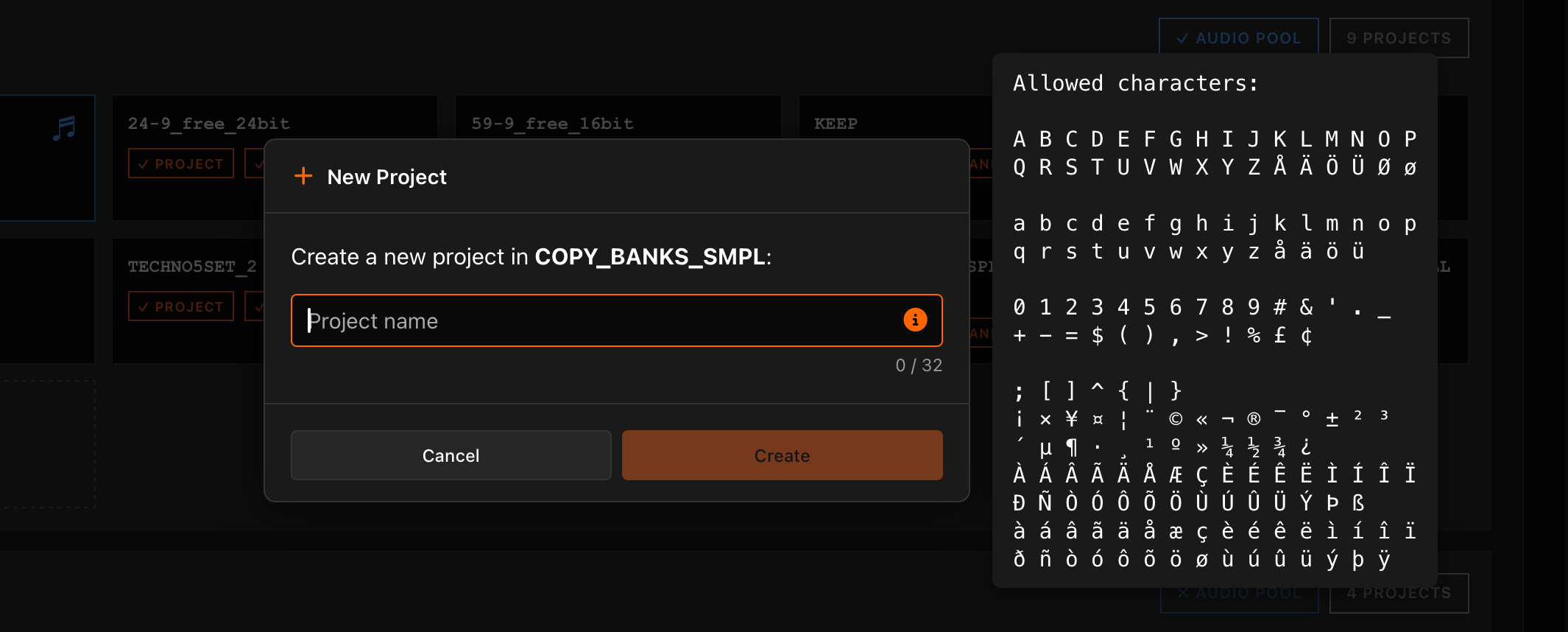 New Project dialog with allowed characters
