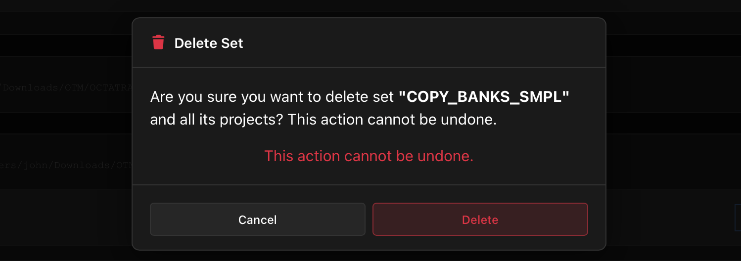 Delete Set confirmation dialog