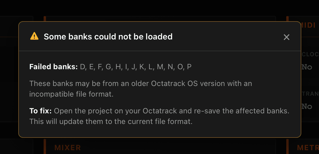 Unsupported banks warning dialog