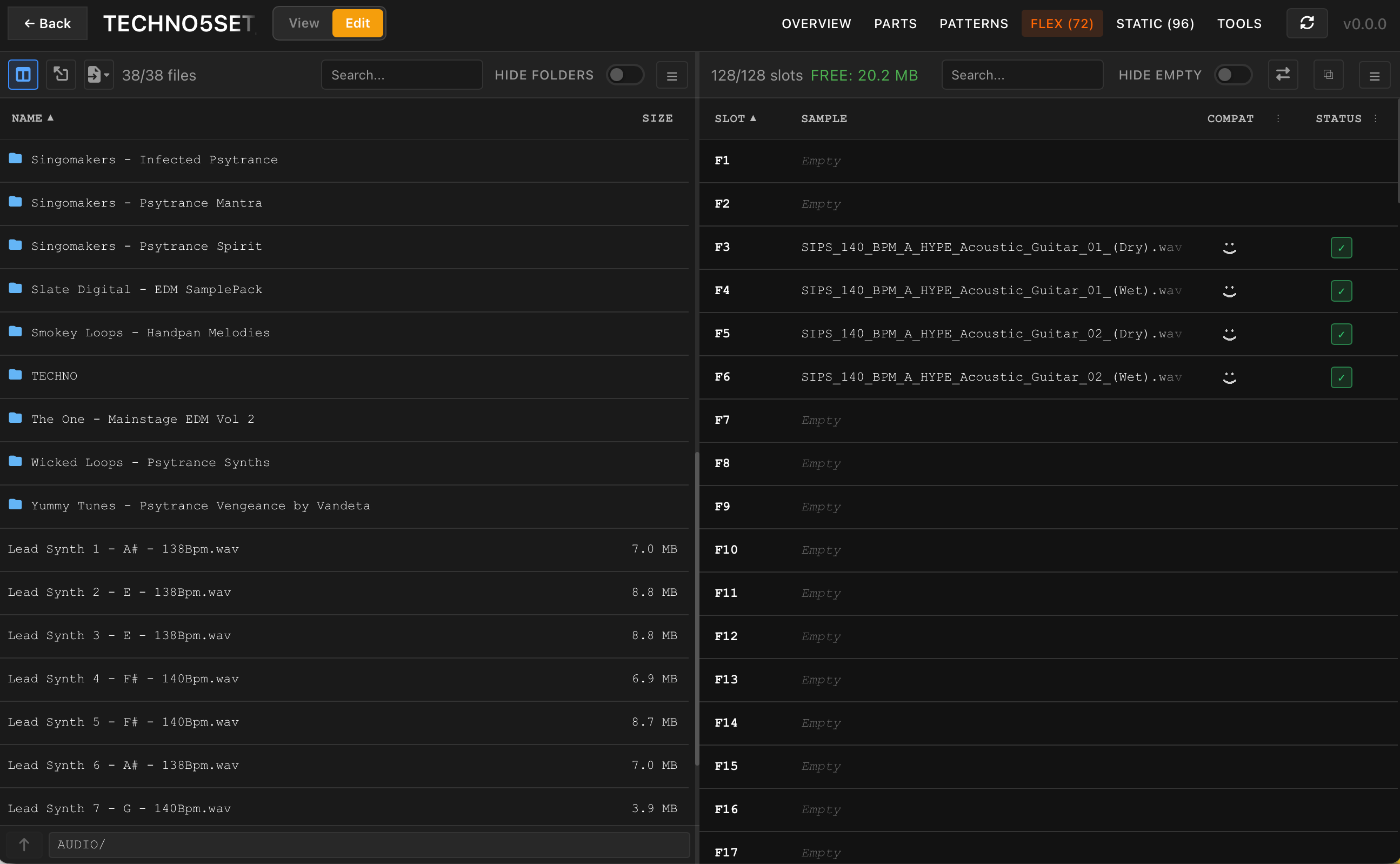 Audio Pool pane open next to the slot table