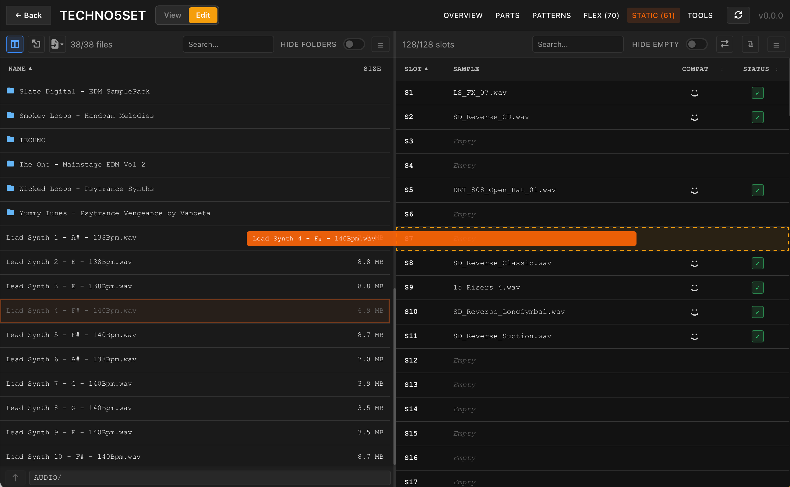Dragging a sample from the Audio Pool pane onto a slot