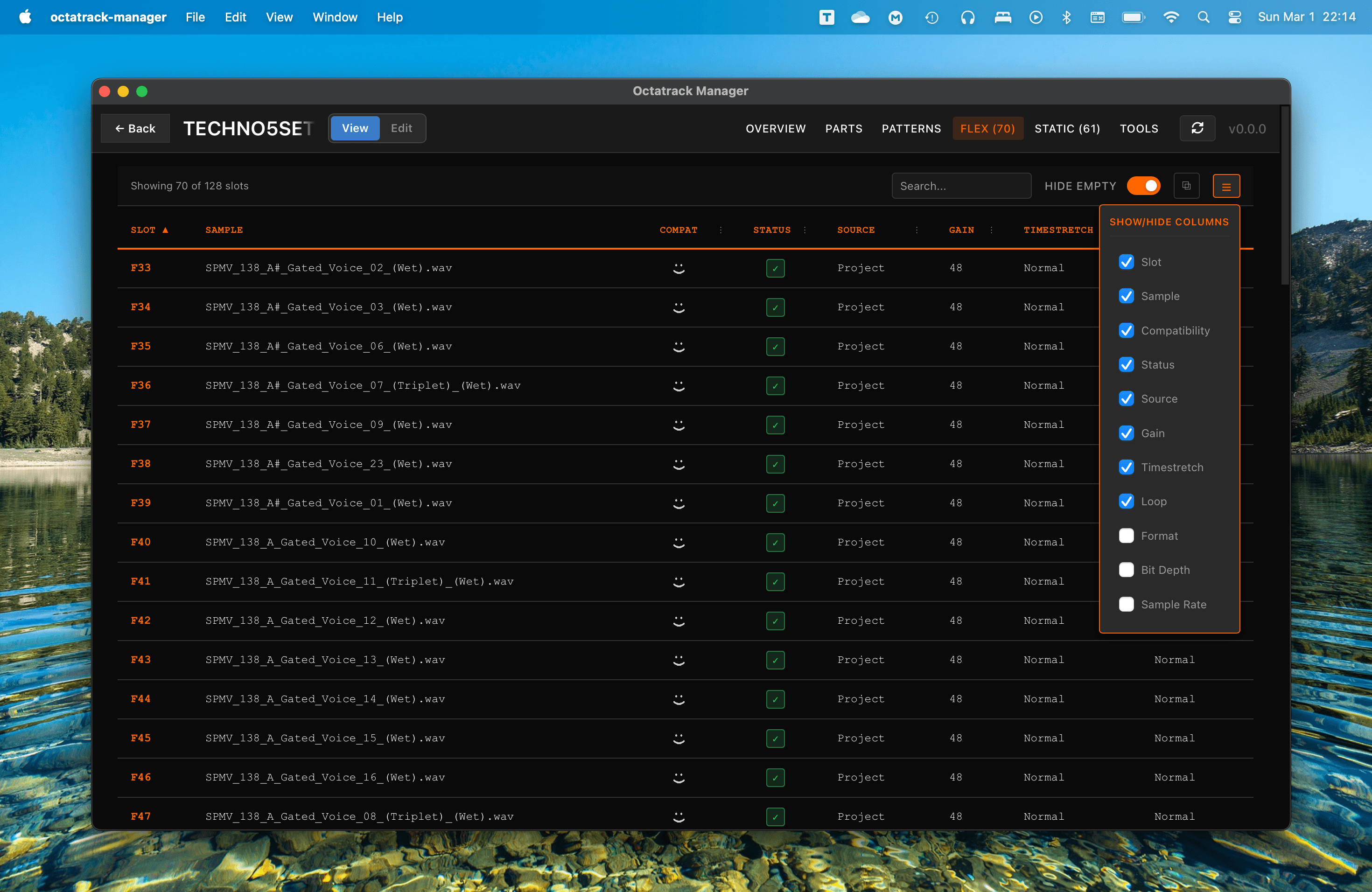 Sample Slots - Column visibility menu