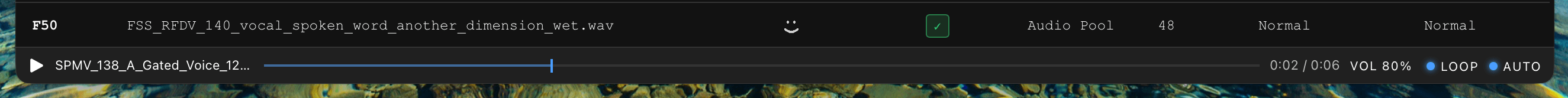 Audio player at the bottom of the sample slots page