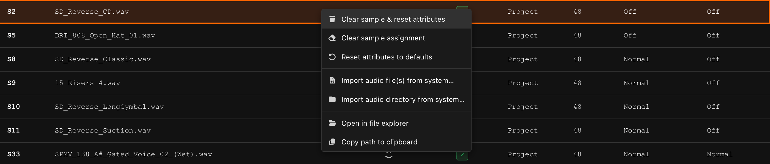 Right-click menu on a filled slot